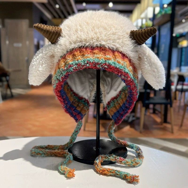 韩版可爱小羊毛绒帽子女秋冬季保暖绑带针织护耳帽百搭套头雷锋帽,居家日用,头部防护用品,淘宝优惠券,粉丝福利购,淘宝优惠卷