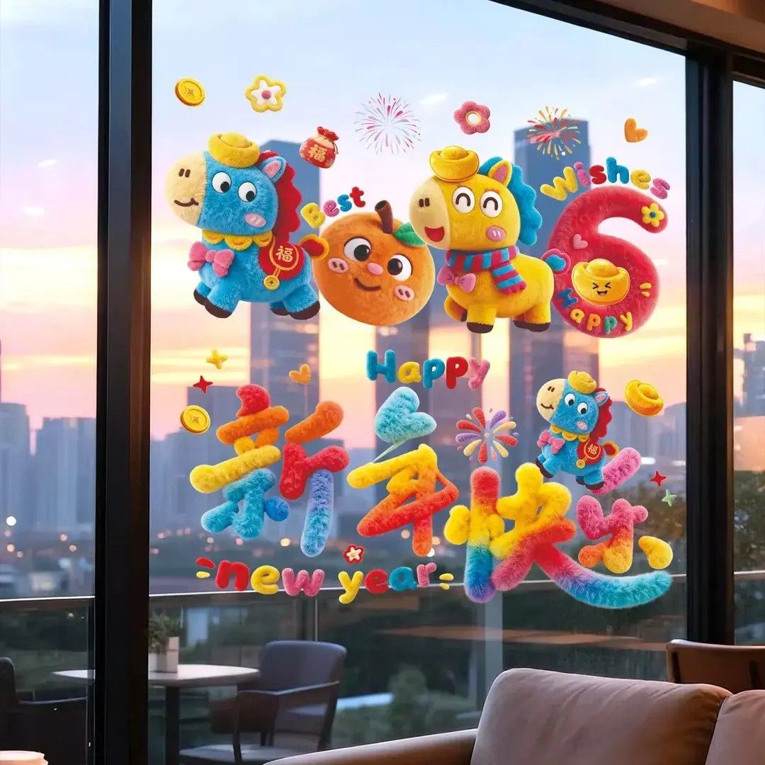 马年裸眼5D毛绒静电贴装饰