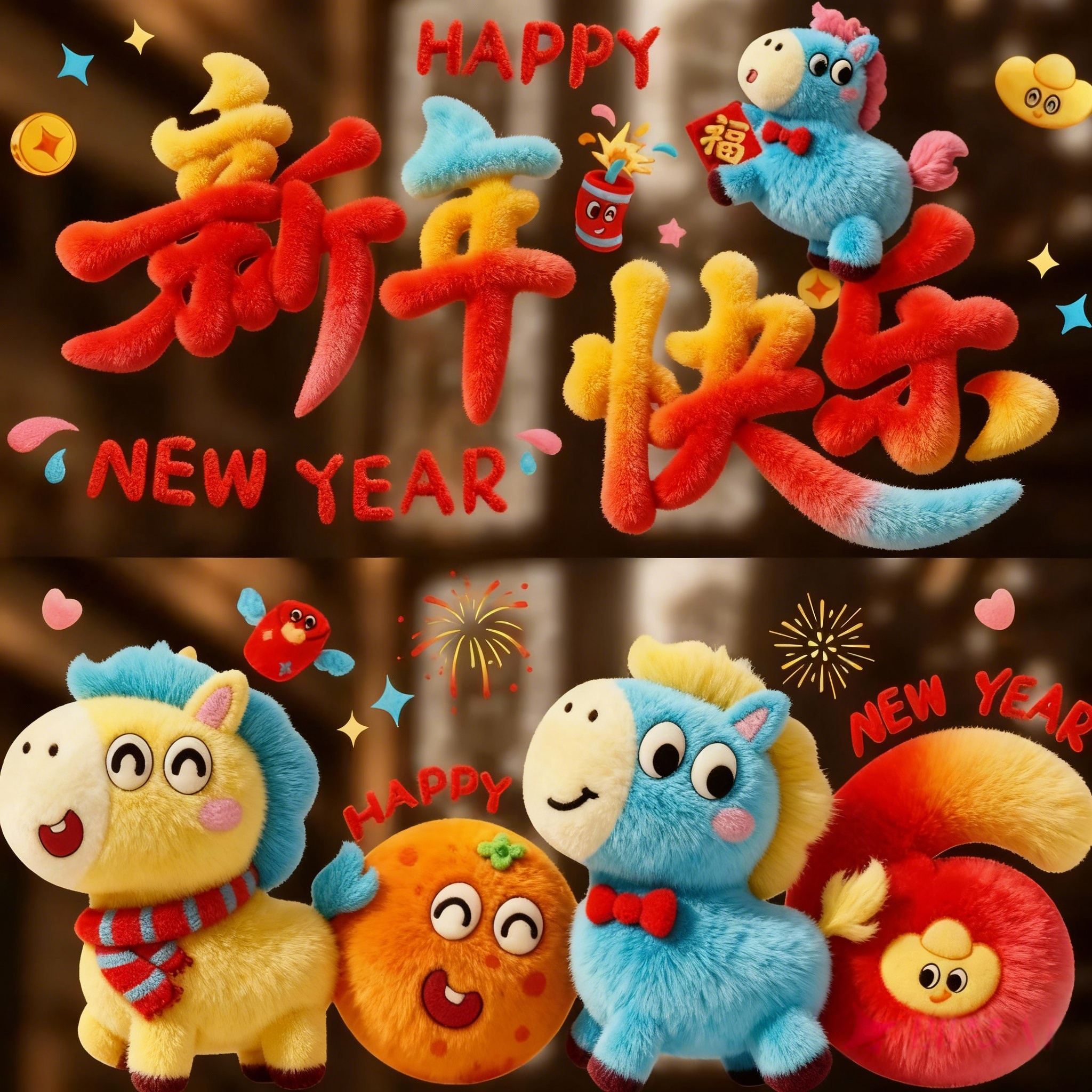 马年毛绒视觉质感春节橱窗装饰贴