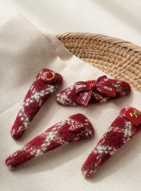 新年喜庆红色毛呢蝴蝶结发夹边夹侧边漂亮小发卡女掰掰夹冬季发饰