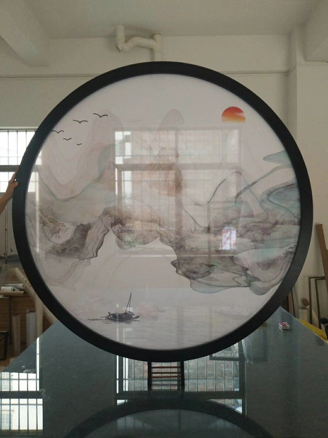 子欣定制双面半透明纱画屏风隔断灯具装饰个性艺术圆框画吊顶展会