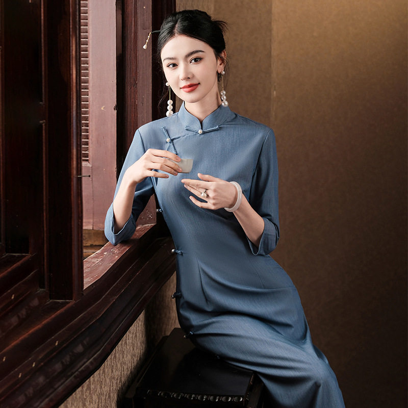 新中式古法平裁旗袍一片式女全开襟2026苏州长袖连衣裙复古秋季蓝