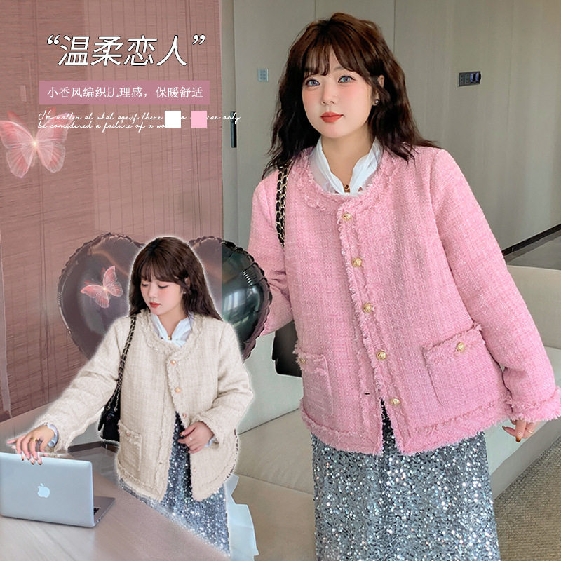 伊诺大码女装气质小香风上衣冬季新款减龄保暖粗花呢外套420939