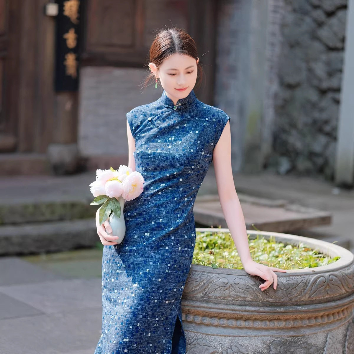 蓝色旗袍夏季高端大气复古民国风2026新中式气质年轻改良连衣裙女