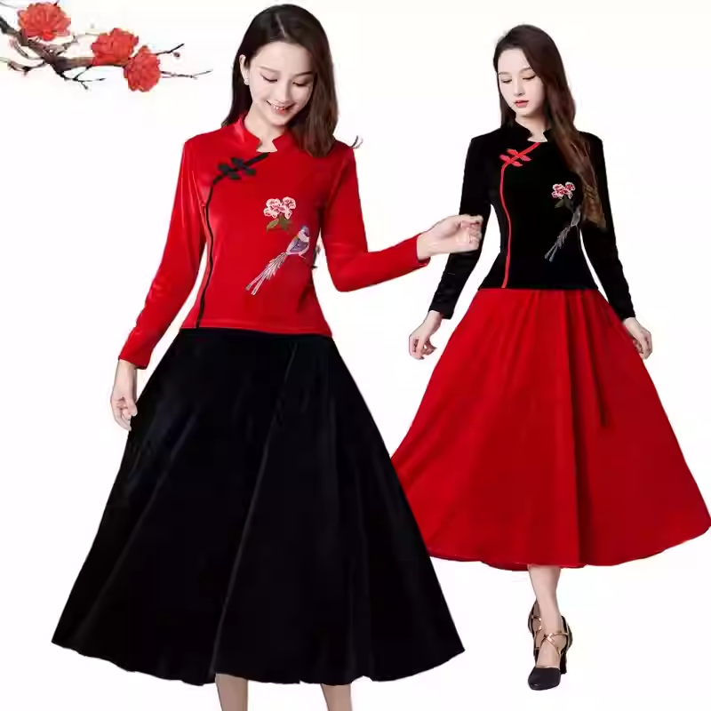 金丝绒广场舞蹈服装女秋冬新款绣花民族秧歌跳舞衣表演出裙子套装