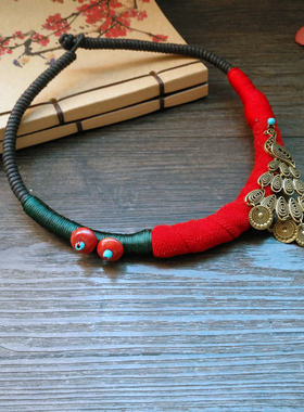 孔雀民族风项圈大红色古典锁骨链