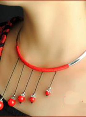 民族风红绳苗银流苏夸张锁骨链