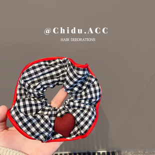 黑白格紋愛心紅邊大腸發(fā)圈新款 韓系新款 秋冬大腸發(fā)圈發(fā)繩頭飾發(fā)飾