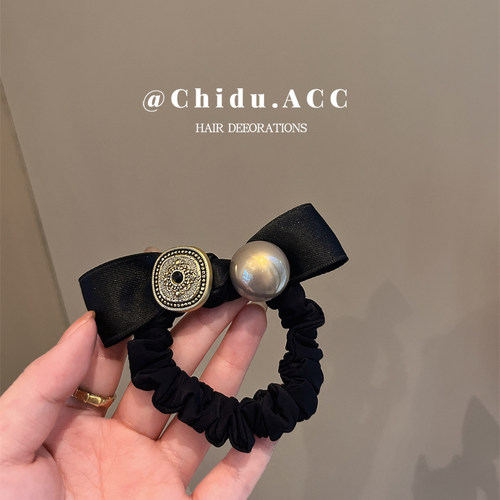 法式复古发圈头饰黑色质感扎马尾发绳2024新款布艺蝴蝶结头绳发饰