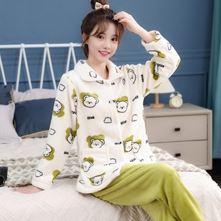 珊瑚绒可爱卡通法兰绒宽松外穿保暖加绒家居服 加厚秋冬睡衣女套装