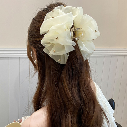 新款泡泡纱大号抓夹女超仙时尚水钻精致后脑勺盘发鲨鱼夹发饰发卡