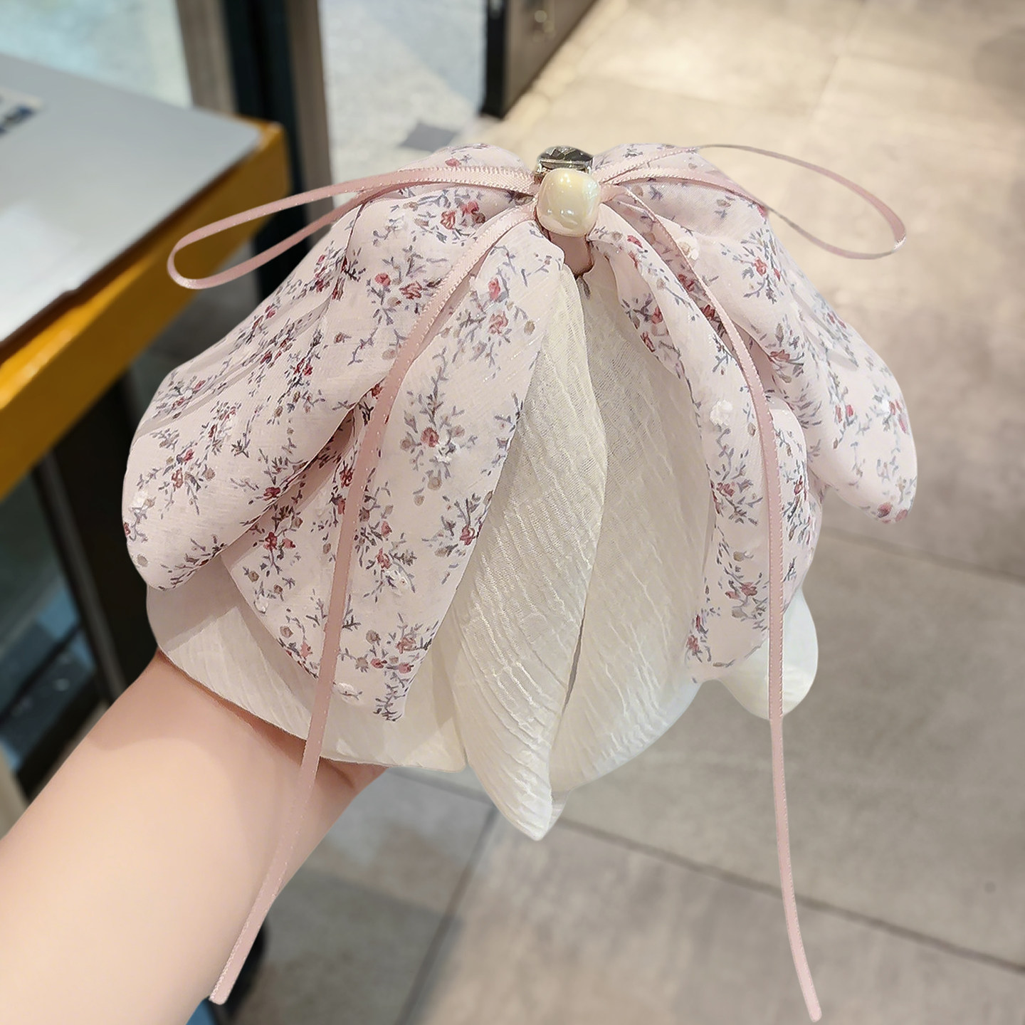 甜美碎花蝴蝶结飘带发夹女珍珠水钻马尾夹超仙气质半扎发鲨鱼夹