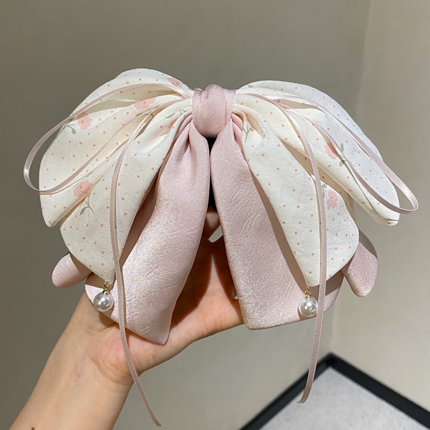 甜美波点碎花蝴蝶结飘带发夹女珍珠吊坠抓夹马尾夹高级感半扎发饰
