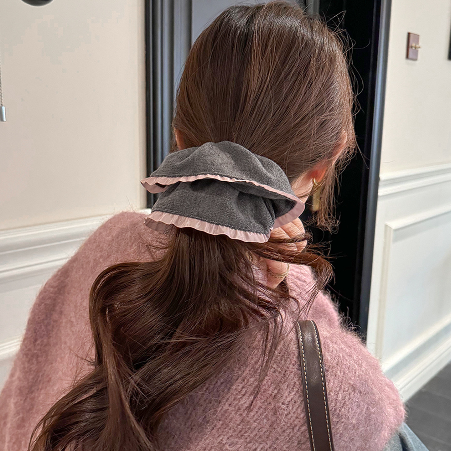 秋冬灰色毛线针织大肠发圈女高级感粉色花边头绳高弹力扎头发绳