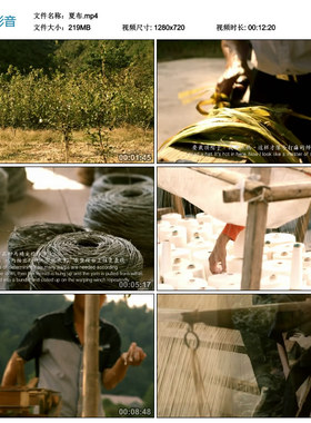 衣服布料制作农民庄稼地棉麻手工织布机工艺服装时装制衣视频素材