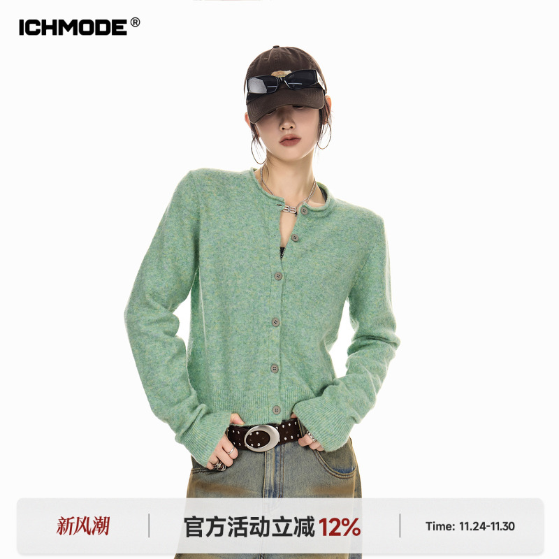 ICH MODE 美式复古薄荷绿短款针织开衫女秋冬季修身慵懒毛衣外套