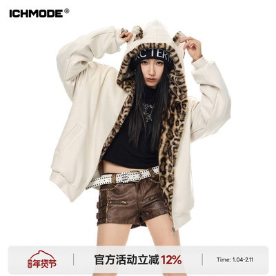 ICH MODE 美式耳朵麂皮绒豹纹棉服女2025新款秋冬季防寒夹棉外套