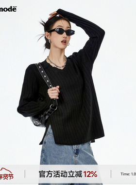 ICH MODE 美式黑色毛衣女秋宽松内搭针织打底衫长袖慵懒风上衣