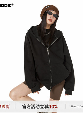 ICH MODE 美式重磅420G纯色复古连帽卫衣潮牌宽松休闲开衫外套女