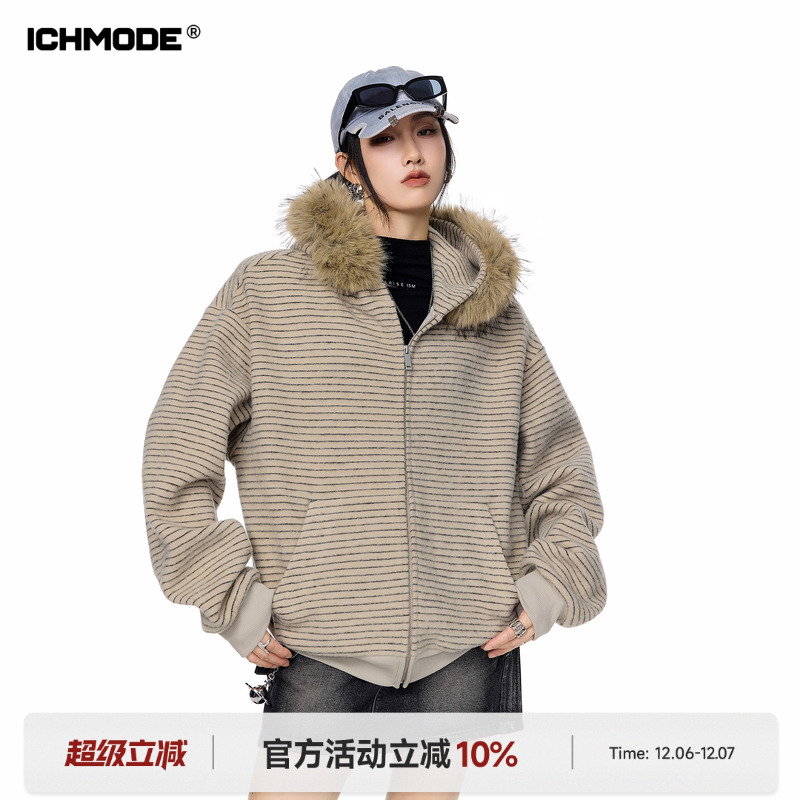 ICH MODE 明星同款条纹毛领连帽卫衣外套女秋冬休闲宽松开衫上衣