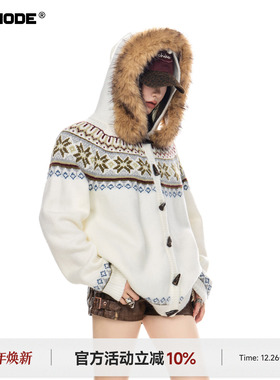 ICH MODE 美式复古费尔岛毛领连帽针织开衫女春秋季慵懒毛衣外套