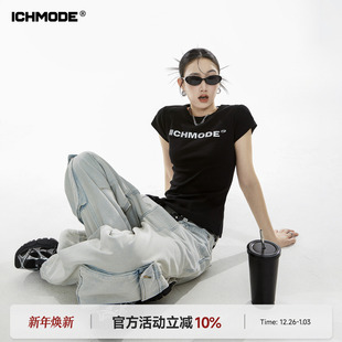 修身 正肩短袖 辣妹半袖 MODE 黑色上衣t 短款 美式 新款 ICH T恤女夏季