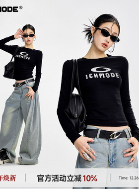ICH MODE 美式正肩长袖T恤女春季新款修身一字肩圆领上衣打底衫