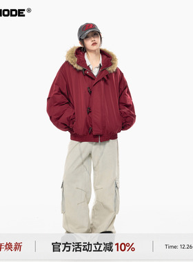 ICH MODE 美式牛毛领连帽短款红色棉服女冬季加厚外套派克服棉袄