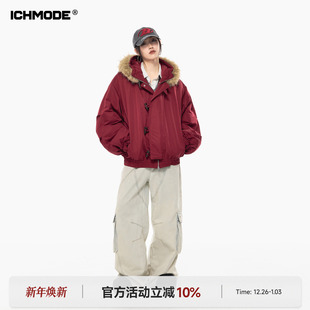 ICH MODE 美式牛毛领连帽短款红色棉服女冬季加厚外套派克服棉袄