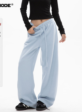 ICHMODE 加厚加绒裤子女春秋季宽松运动裤卫裤直筒阔腿蓝色休闲裤