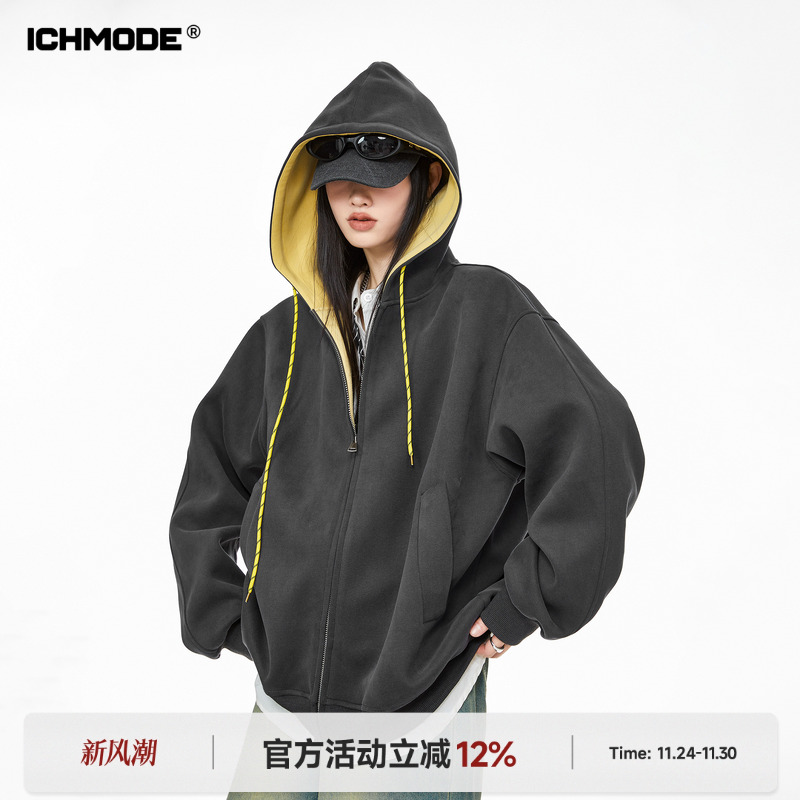 美式加绒连帽外套宽松卫衣开衫