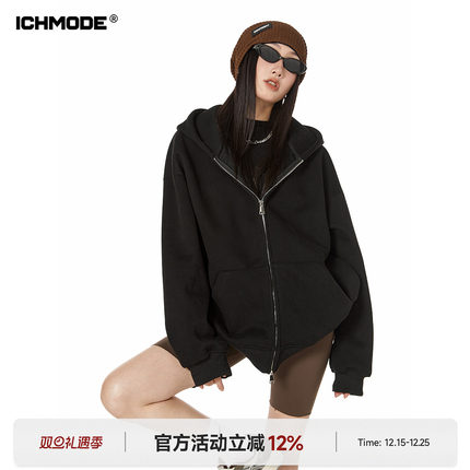 ICH MODE 美式重磅420G纯色复古连帽卫衣潮牌宽松休闲开衫外套女