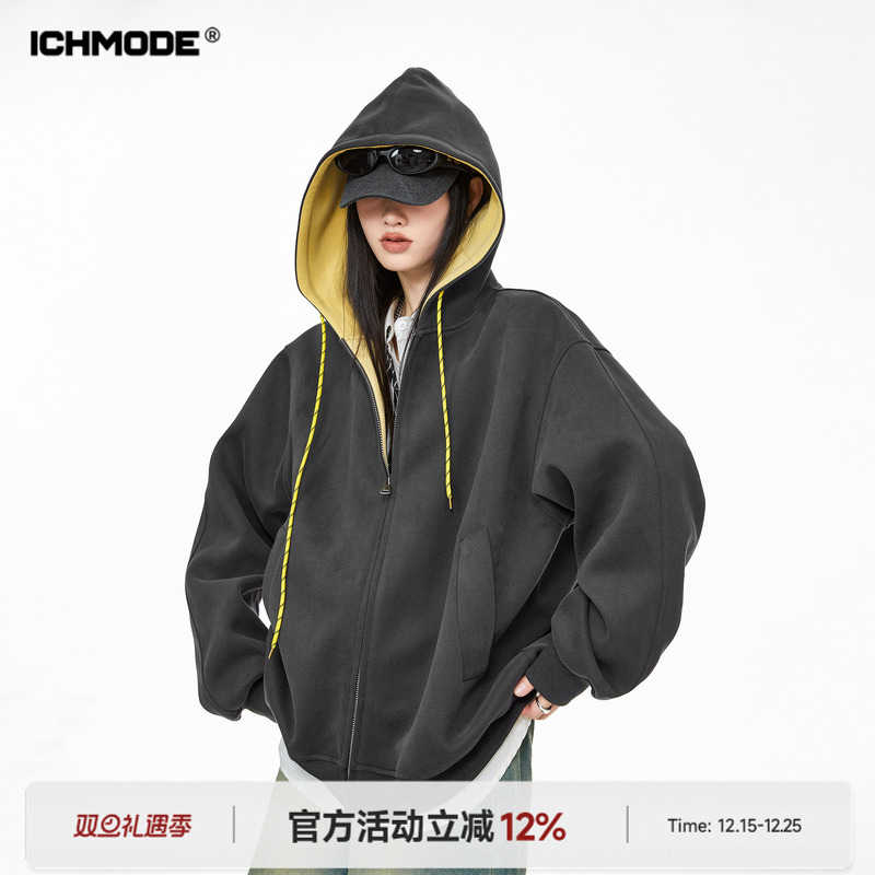 美式加绒连帽外套宽松卫衣开衫