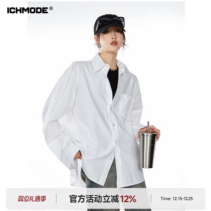 ICH MODE 美式复古白衬衫女夏季新款宽松流行衬衣外套上衣慵懒风