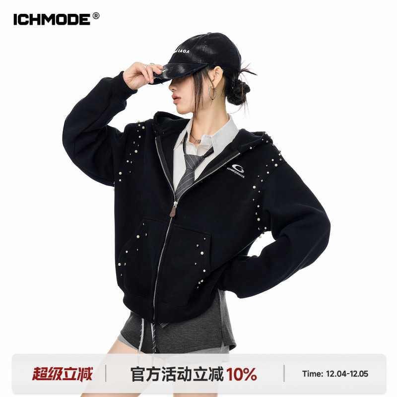 美式珍珠连帽外套宽松开衫上衣