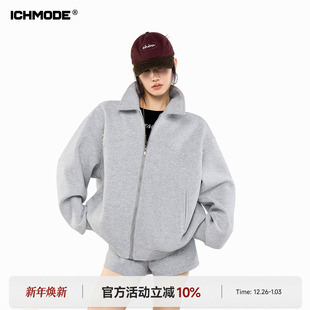 ICH MODE 美式复古珍珠翻领卫衣外套女春季新款百搭运动开衫上衣