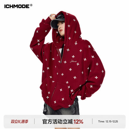 ICHMODE 明星同款哥特风十字连帽红色加绒卫衣外套女春季开衫上衣
