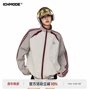 新款 ICH 条纹撞色户外运动外套女春季 美式 休闲拉链夹克上衣 MODE