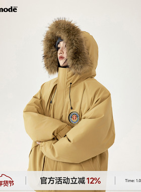 ICHMODE 美式毛领连帽棉服女冬季宽松保暖派克服棉袄工装加厚外套