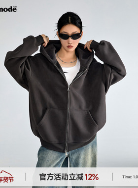 ICH MODE美式复古连帽深灰色卫衣外套女春季新款宽松拉链开衫上衣