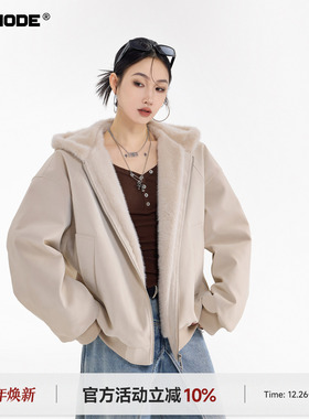 ICH MODE 美式荔枝皮加厚毛领棉服女冬季休闲座山雕保暖棉衣外套