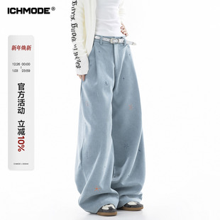 美式 加厚直筒阔腿裤 蓝色灯芯绒裤 宽松运动休闲裤 子女冬季 ICHMODE