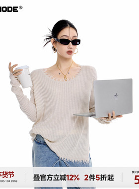 ICH MODE【1/4 官方叠加2件5折起】美式坑条毛边圆领毛衣女春新款
