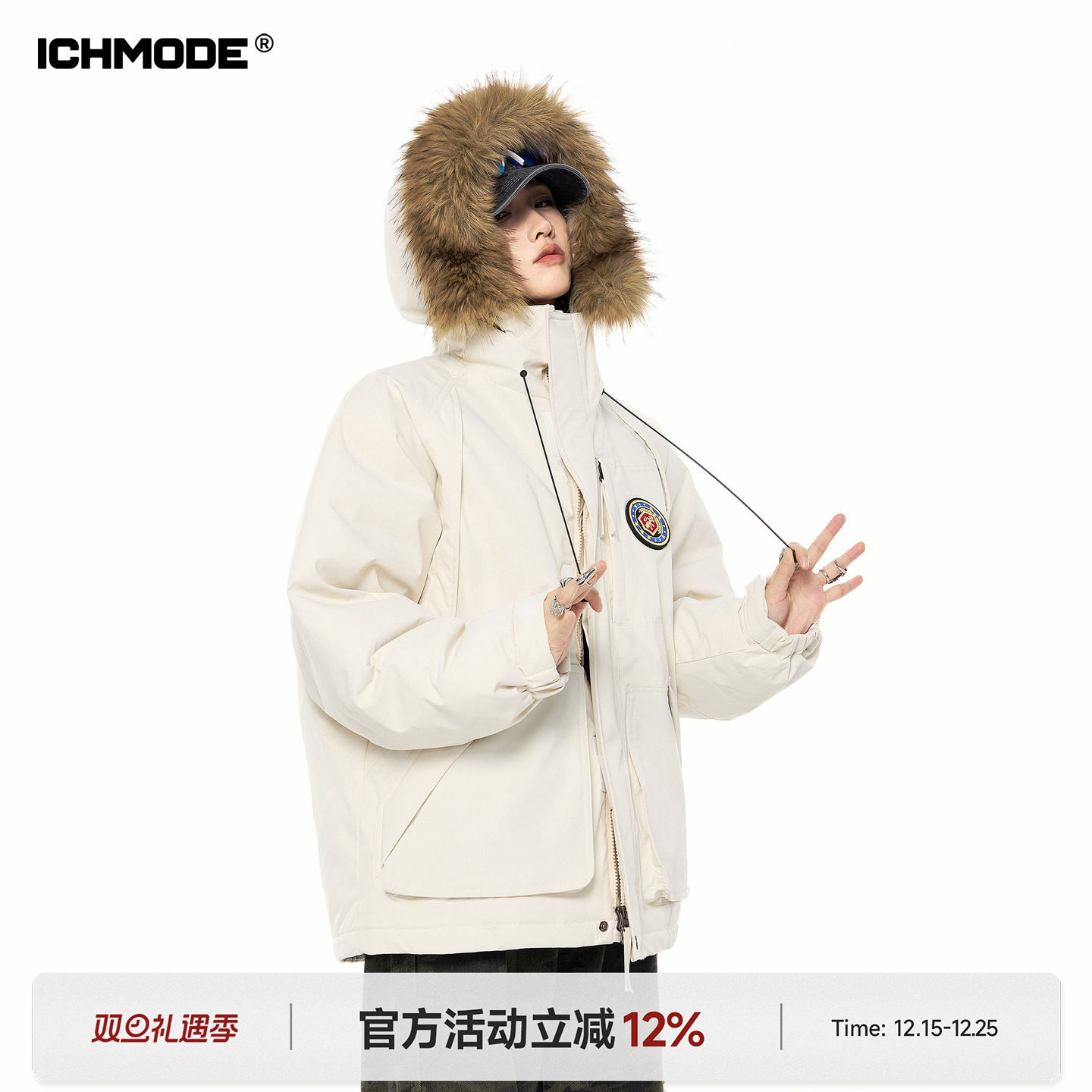 ICHMODE 美式复古毛领连帽棉服女冬季新款加厚保暖棉袄派克服外套