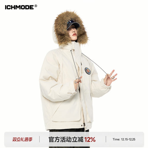 ICHMODE 美式复古毛领连帽棉服女冬季新款加厚保暖棉袄派克服外套