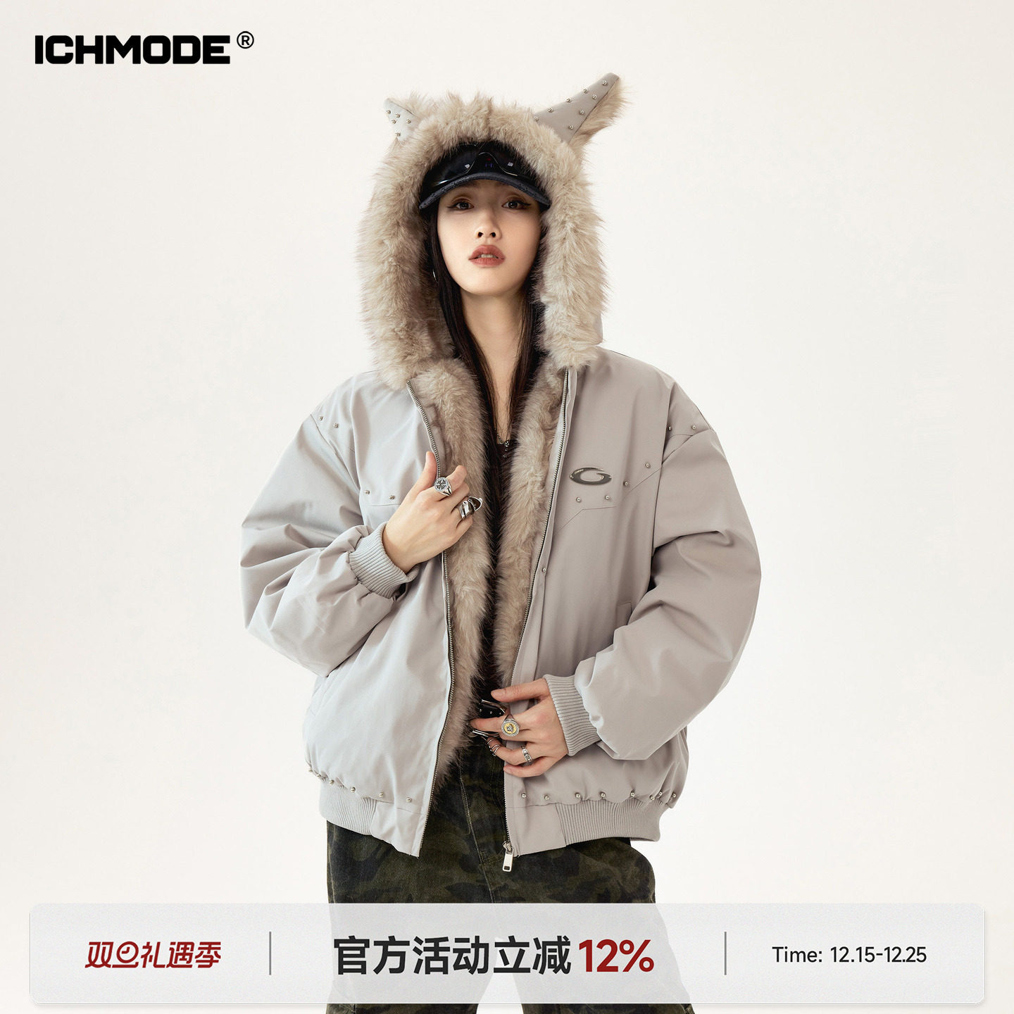 美式座山雕毛领防寒棉服女