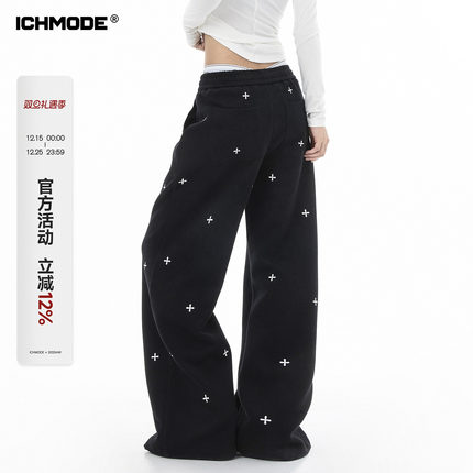 ICH MODE 美式十字满印加绒休闲裤女直筒裤阔腿裤加厚运动裤卫裤