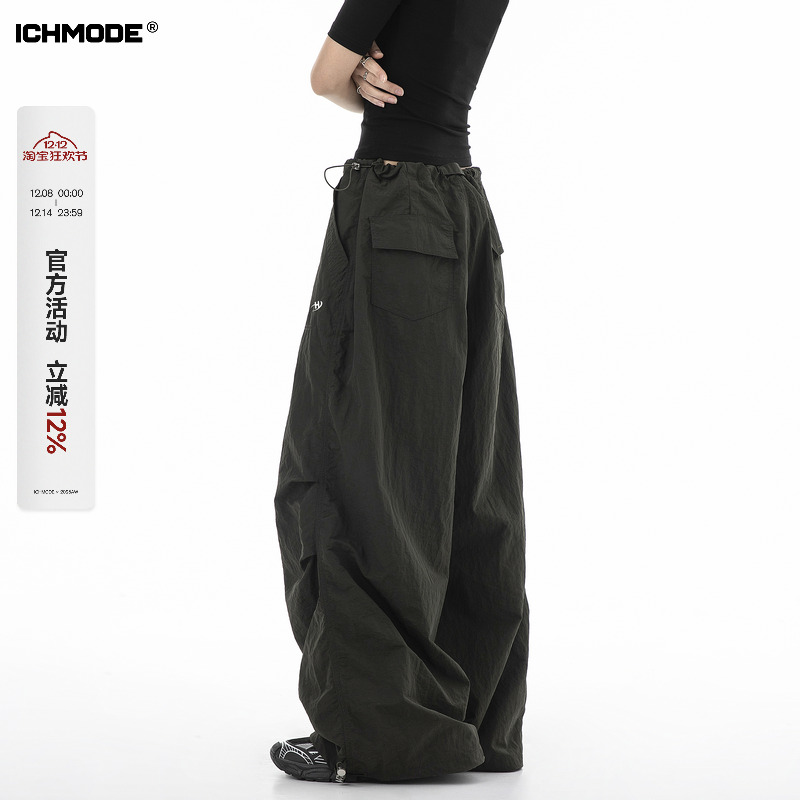 ICH MODE 美式伞兵工装裤女夏季抽绳运动裤直筒宽松阔腿裤休闲裤
