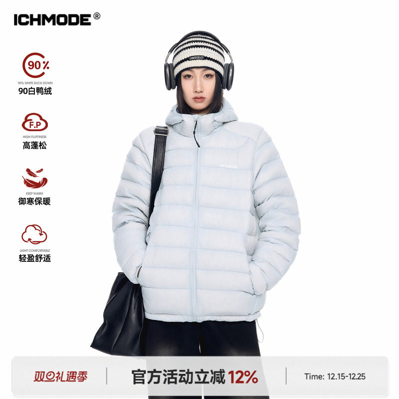 ICHMODE 美式90白鸭绒连帽排骨羽绒服女冬季保暖防风轻薄羽绒外套