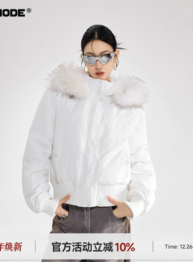 ICH MODE 美式毛领修身短款棉服女冬季新款加厚保暖棉袄连帽外套